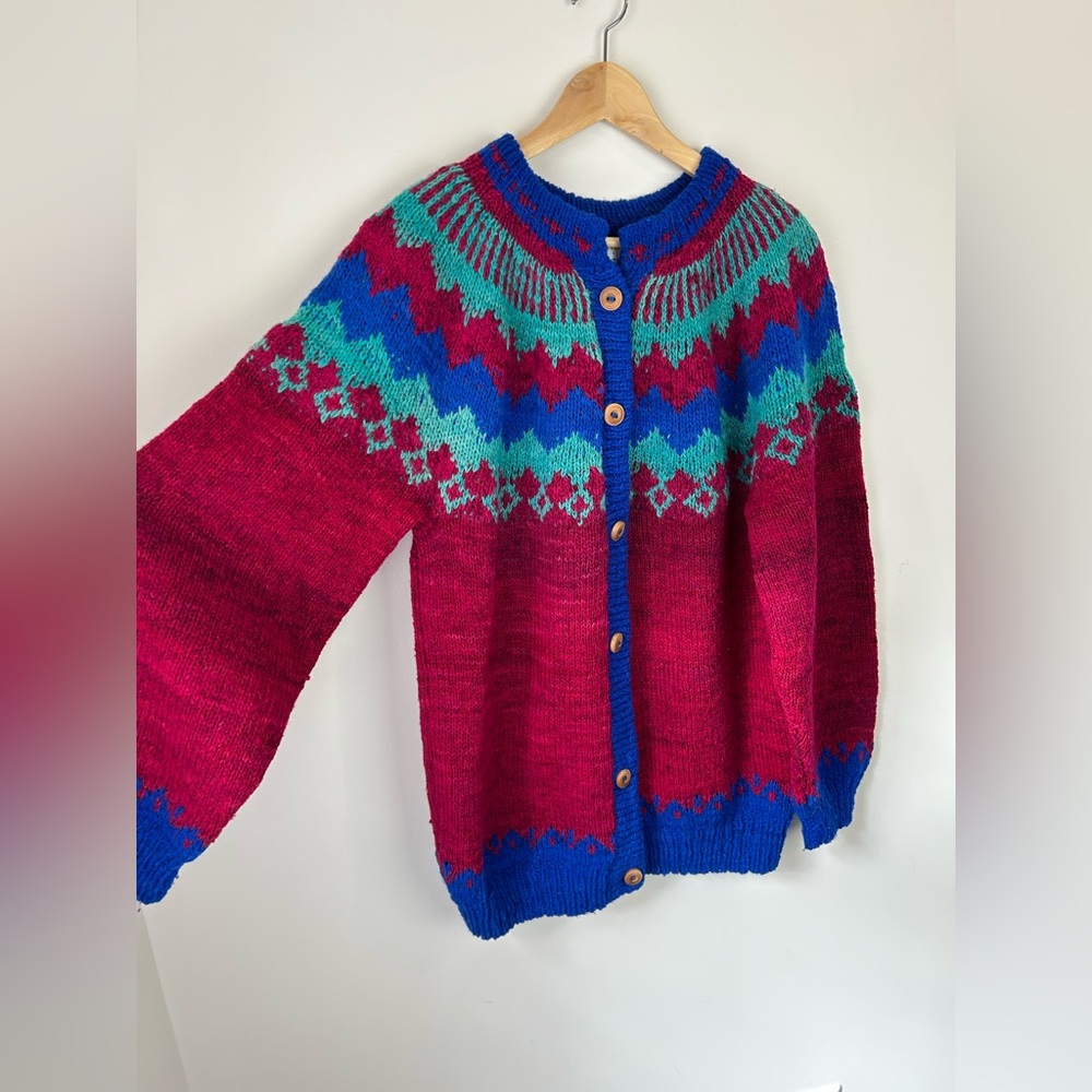 Vintage Hand Knit Fair Isle Cardigan Sweater - Picture 2 of 7
